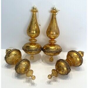 Vintage Finial Gold Leaf Christmas Ornament Set 4 Blown Glass Large Long